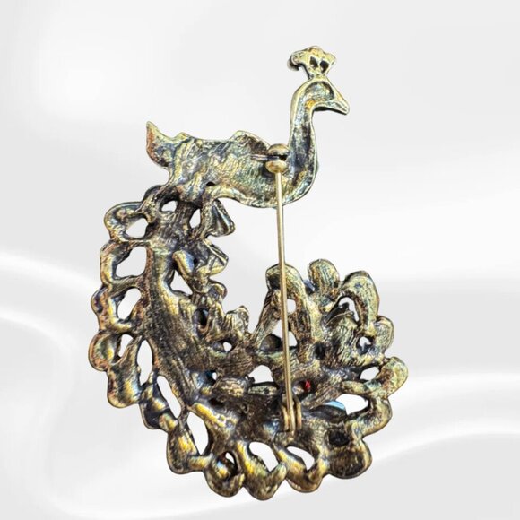 Colorful Rhinestone Peacock Brooch | Vintage Style Statement Pin - Picture 2 of 3